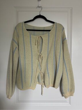 Butter Yellow & Light Blue Tie-Front Knit Sweater